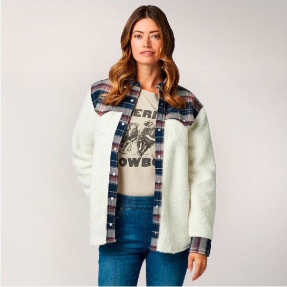 NWT Wrangler Retro Sherpa And Plaid Boyfriend Top sz L - Picture 1 of 14
